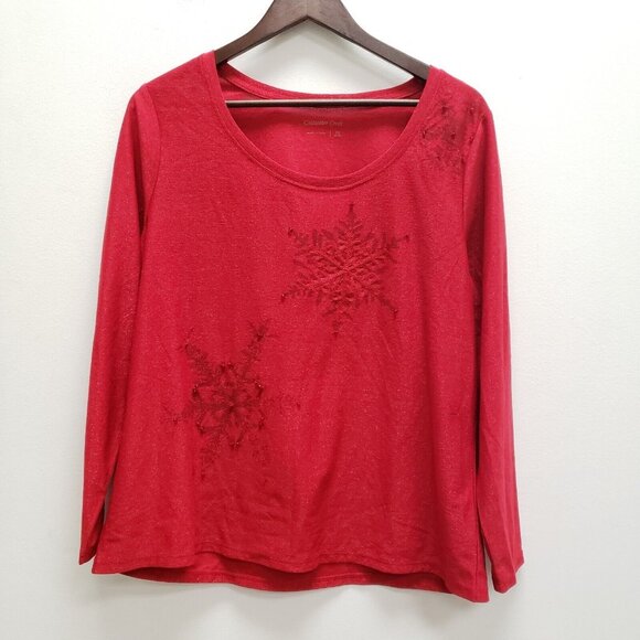 Coldwater Creek Women Embroidered Long Sleeve Snowflake Top Size 1X Red Metallic - Picture 1 of 10